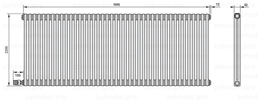 Схема (чертеж) Радиатор Zehnder Charleston 2220/41 №V003 Белый глянцевый RAL 9016